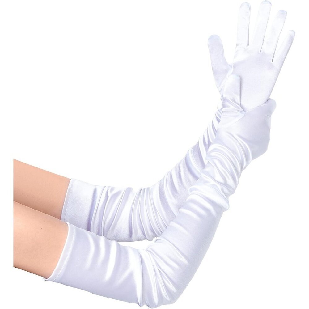 Women's Long Satin Gloves White Stretchy Upper Arm Length Costume Design